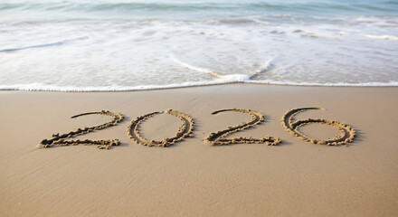 The year 2026 written in the sand on a beach with a gentle wave washing ashore.