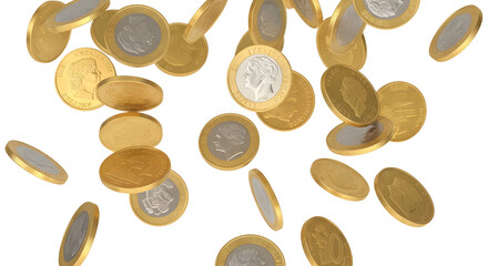 Falling gold coins isolated on transparent background. 3D rain of money, jackpot concept