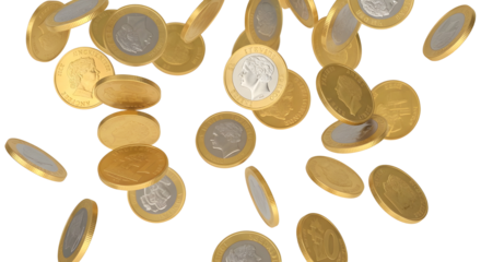 Falling gold coins isolated on transparent background. 3D rain of money, jackpot concept
