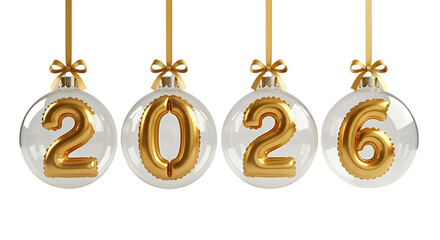 2026 New Year's ornaments with golden numbers inside transparent glass balls.