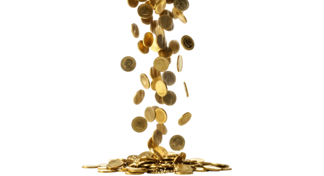 Falling gold coins isolated on transparent background. 3D rain of money, jackpot concept