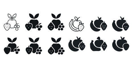Fototapeta premium Variety of black and white fruit icons featuring apples, strawberries, bananas, and grapes