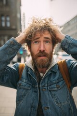 Fototapeta premium A man standing on a busy street appears shocked, holding his hair with both hands. He wears a denim jacket and looks towards the camera, surrounded by urban scenery in broad daylight