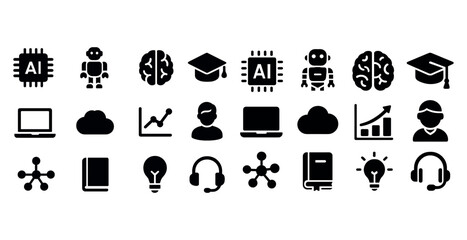 Artificial intelligence and education icons: technology, learning, and innovation