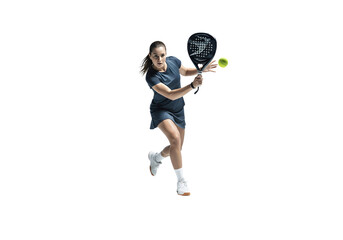 A female padel player in action hitting the ball, transparent background