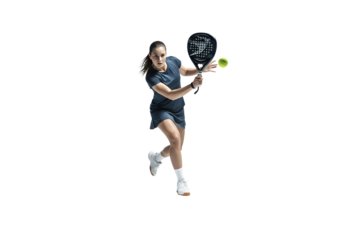 A female padel player in action hitting the ball, transparent background