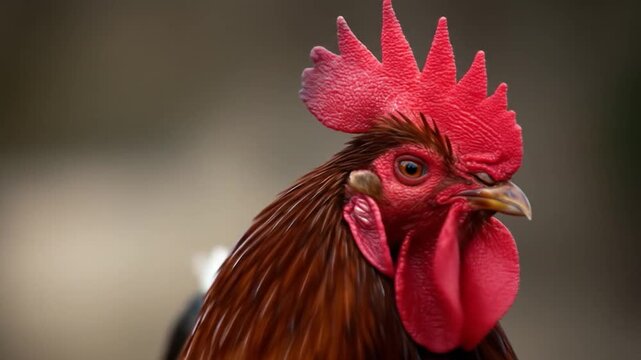Close-up of a majestic rooster with vibrant red comb and wattles, its intelligent eye fixed forward. <desc>