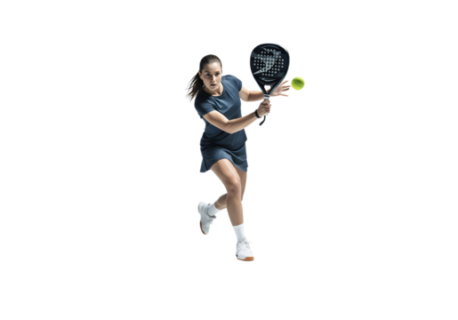 A female padel player in action hitting the ball, transparent background