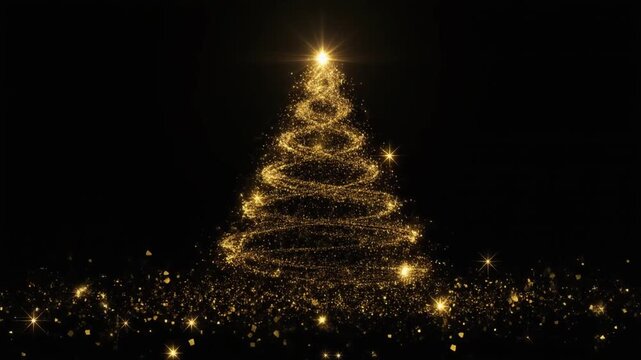 Abstract animated golden Christmas tree with twirling glitter and star particles, MP4 video. AI