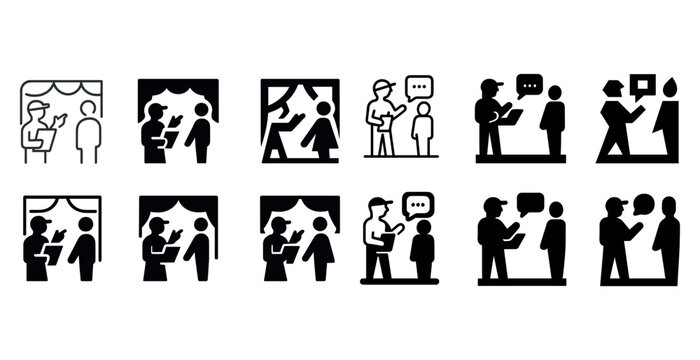 Black and white icon set of people communicating in various scenarios