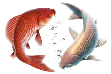 Two koi fish in a yin yang formation with bubbles carp aquatic isolated on a transparent background
