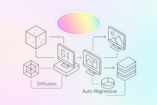 Conceptual illustration demonstrating the interplay between diffusion and auto regressive techniques in machine learning modeling and image generation representing future technologies