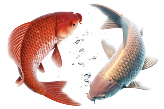 Two koi fish in a yin yang formation with bubbles carp aquatic isolated on a transparent background - Powered by Adobe