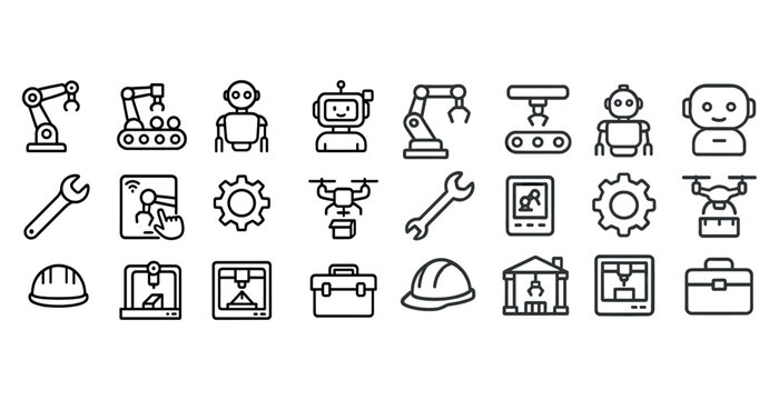 Robotics and engineering icons set featuring arm, drone, wrench, helmet, robot