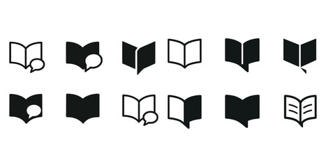 Set of open book icons with speech bubbles and pages