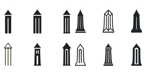 Set of ten monolithic geometric column icons in black and white