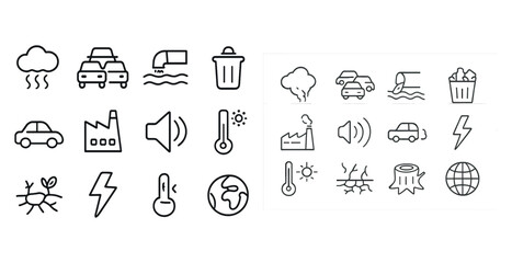 Naklejka premium Environmental issues icon set: pollution, climate, waste, energy, nature