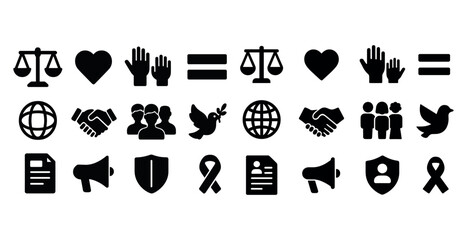 Diverse social justice icons: equality, peace, advocacy, inclusion