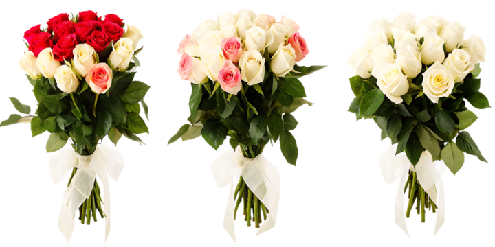 Three Bouquets of Roses with White Ribbons on Background flowers floral isolated on a transparent background