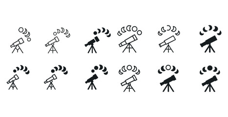 Obraz premium Monochrome telescope icons with signal waves for communication and astronomy