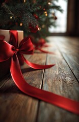 Gift Box with Red Bow under Christmas Tree