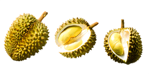 Three Durian Fruits One Whole Two Halved on White Background tropical exotic isolated on a transparent background
