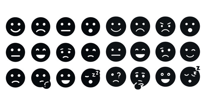 Set of diverse emoji faces expressing various emotions in black and white