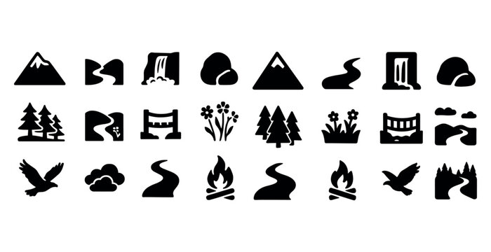 Silhouette icon set: nature, mountains, waterfalls, trees, wildlife