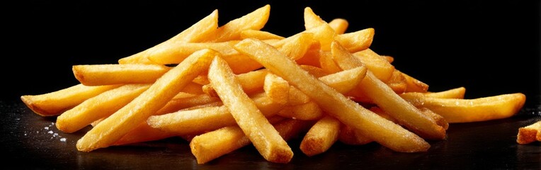 A large serving of crispy golden French fries piled high on a dark surface, perfect for sharing or enjoying as a side dish. The fries are freshly cooked and appealing