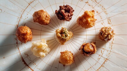 Delicious variety of fried appetizers arranged in circular pattern for culinary presentation