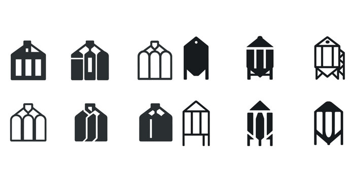 Set of twelve minimalist silo icons representing agriculture and storage