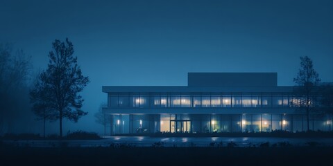 Obraz premium Modern minimalist office building exterior at late dusk or early night, glowing warmly from within, surrounded by dark silhouetted trees against a deep blue sky, with a hint of fog, cinematic
