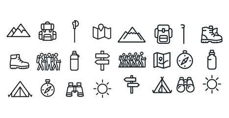 Set of hiking icons: gear, maps, compass, nature activities, outdoor adventure