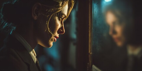 Fototapeta premium Close-up profile of a woman with red lipstick, dramatically lit, staring intently at her blurry reflection in a dark window or pane of glass, cinematic, film noir, moody teal and orange color palette