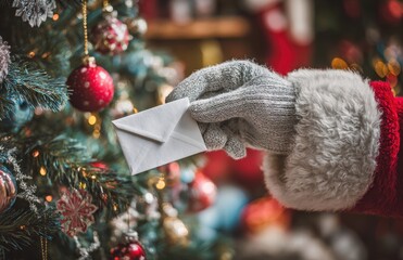 Santa hand delivering Christmas letter to tree