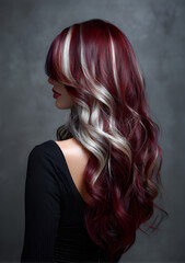 Fototapeta premium A woman with luxurious, long wavy hair in rich deep red and platinum blonde chunky highlights, hair cascading over one shoulder, wearing a black top, studio shot with a grey background
