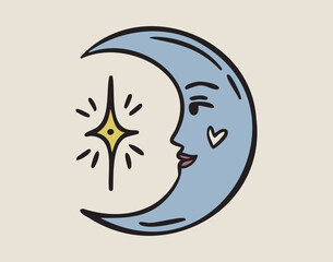 Crescent moon profile with face, boho mystical witchy hand drawn style
