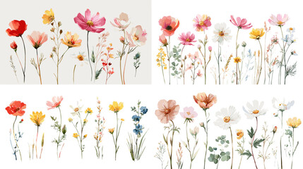 A delicate watercolor collection of wildflowers in soft pastel colors, featuring hand painted blossoms and stems perfect for invitations, botanical art, and elegant floral designs.