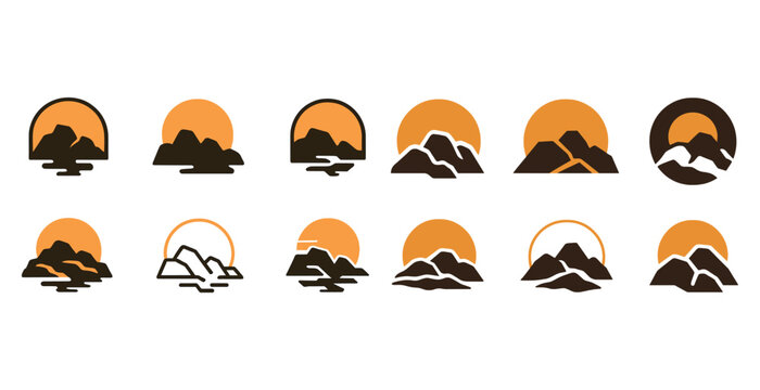Minimalist mountain icons set with sunset silhouettes in earth tones
