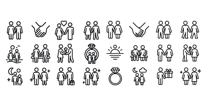 Set of minimalist wedding and relationship icons in black and white