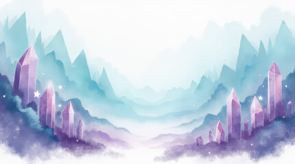 Purple crystals in misty fantasy landscape in watercolor style