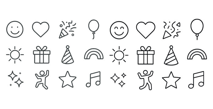 Minimalistic icon set featuring celebratory, weather, and geometric shapes