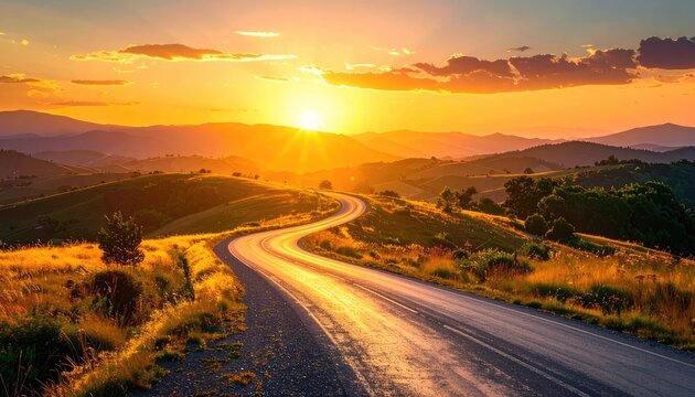 A winding road through rolling hills during a vibrant, golden sunset