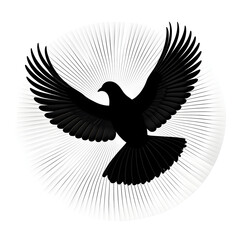 Naklejka premium A minimalist vector logo design of a flying dove silhouette with wings fully spread, surrounded by a circular radial pattern of fine black lines radiating outwards, black and white