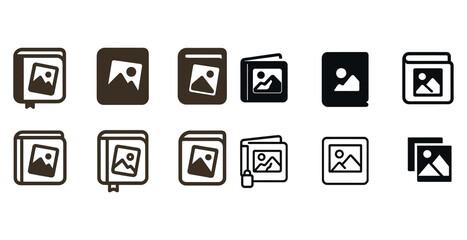 Set of 12 minimalist photo album icons in black and brown