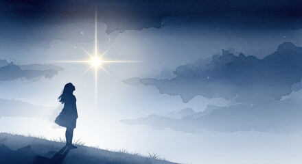 Silhouette of girl watching bright star in blue night sky