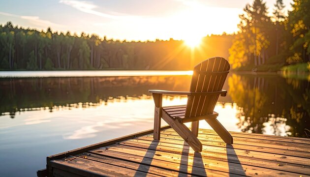 Wooden chair on a dock by a calm lake at a golden sunset - Powered by Adobe