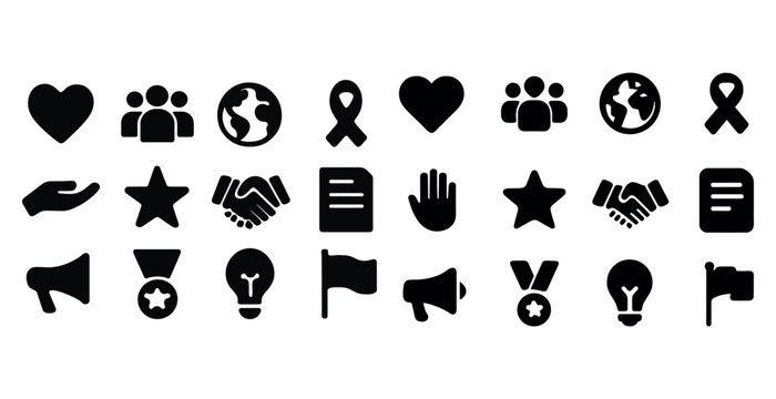 Collection of black icons: heart, globe, ribbon, handshake, flag