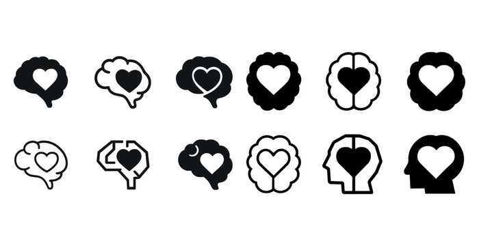 Heart and brain icons collection: symbolizing love and intellect
