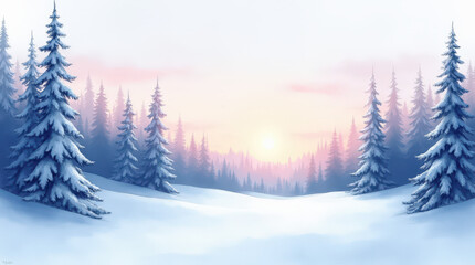 Snow-covered forest with sunrise in soft pastel winter colors